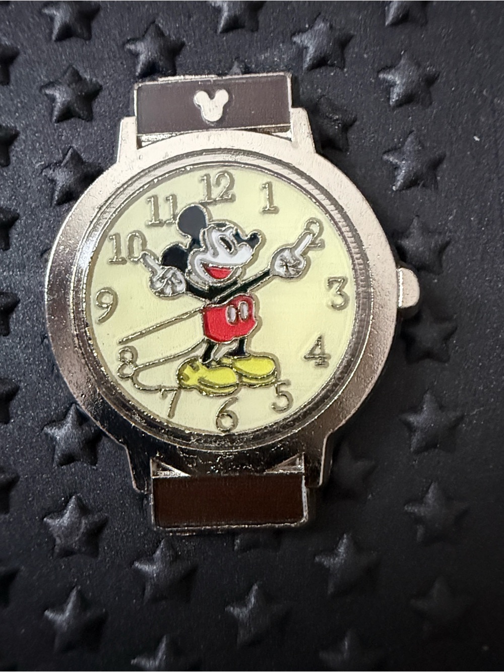 Mickey Mouse Character Watch Pin - Silver with Yellow & Red